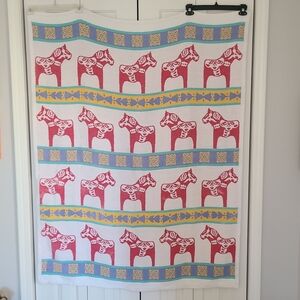 Sweden Folk Art Dala Horse Throw Blanket 47" X 59" Scandinavian 2 Sided Cotton